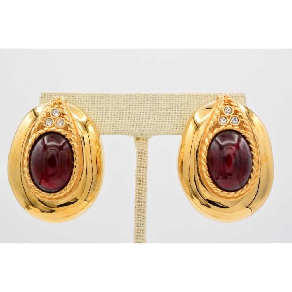 Givenchy Vintage Big Cabochon Clip On Earrings Red Gold Chunky Signed 1980s Bin1